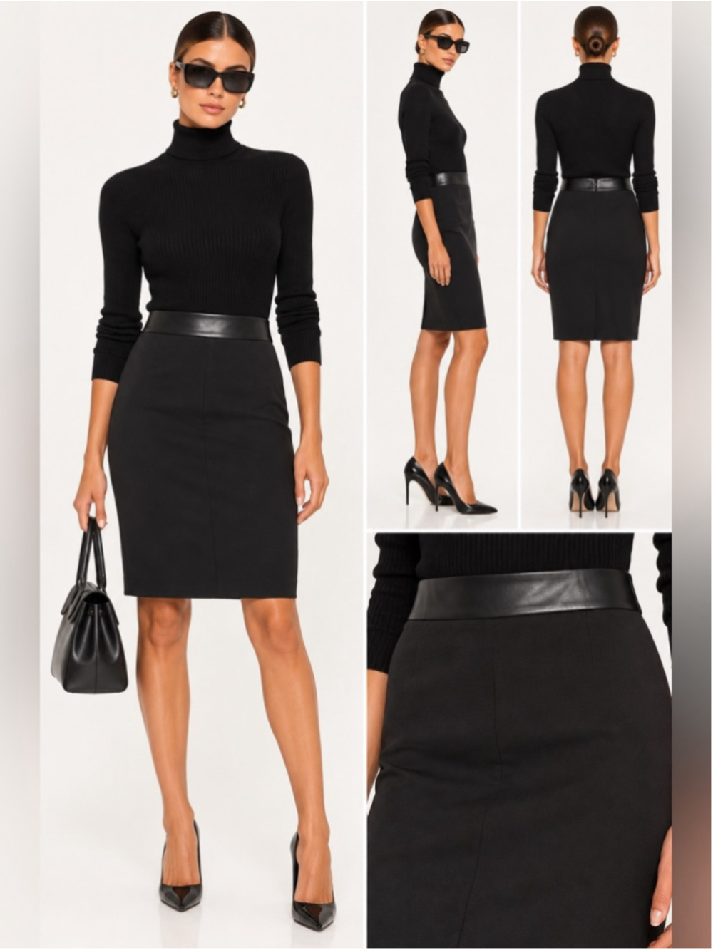 Akris Punto Black Pencil Skirt Faux Leather Waistband Size US 6
